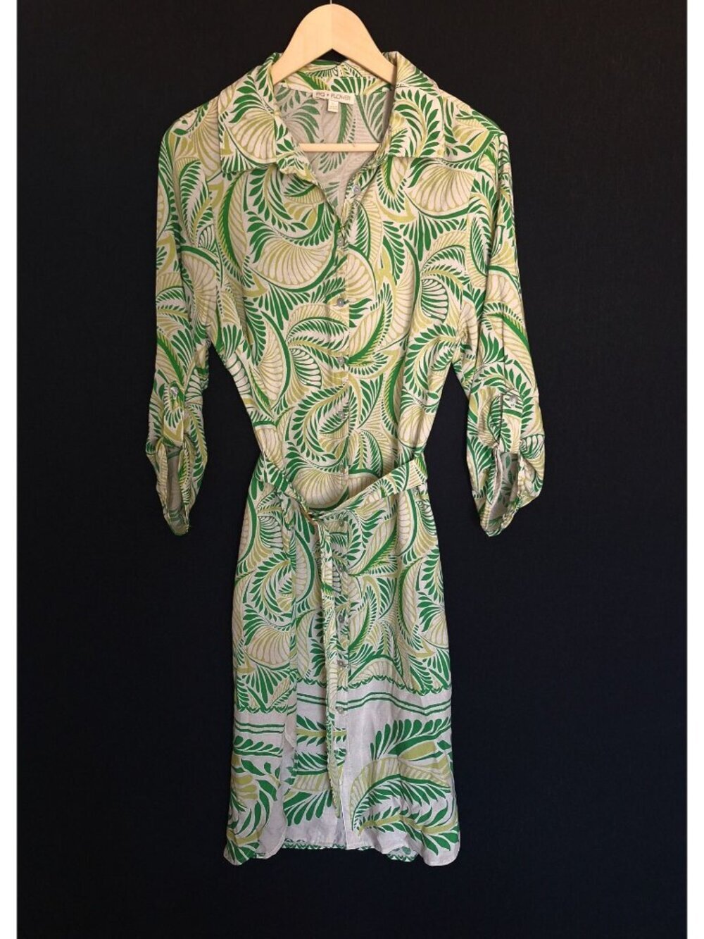 💙 FIG + FLOWER Tropical Leaf Shirt Midi Dress Size L Belted Tropical Preppy Vac